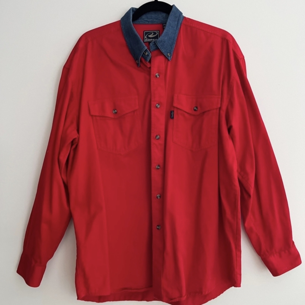 ROPER Western Style Button Down Long Sleeve Shirt Red Denim Collar Cotton Rodeo